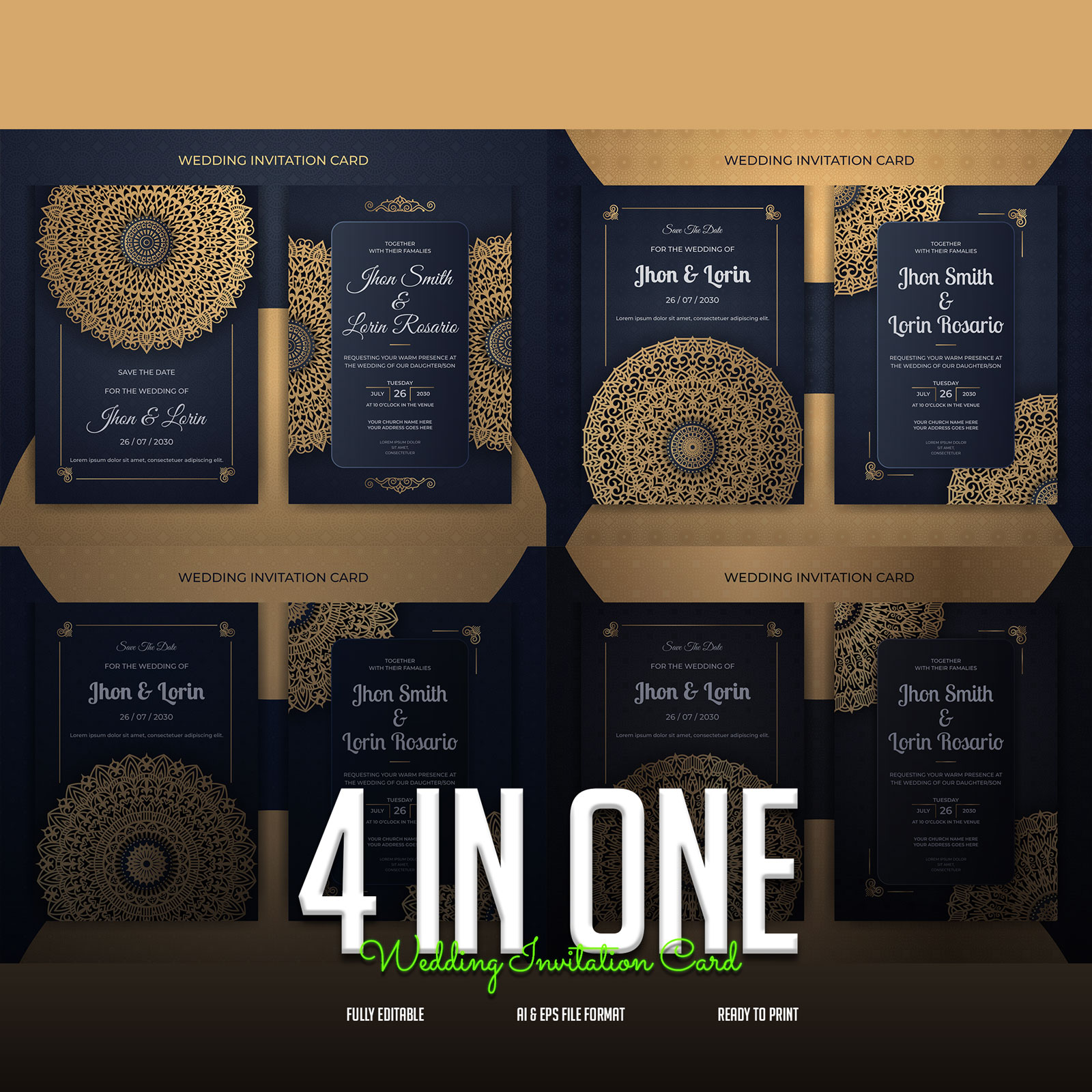 4 In One Royal Luxury Wedding Invitation Card Only In $7 cover image.