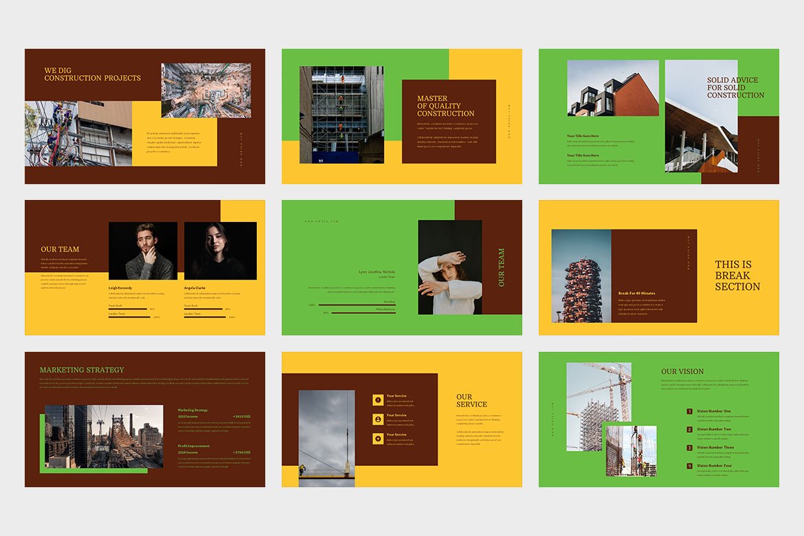 Colorful and creative template for construction presentation.