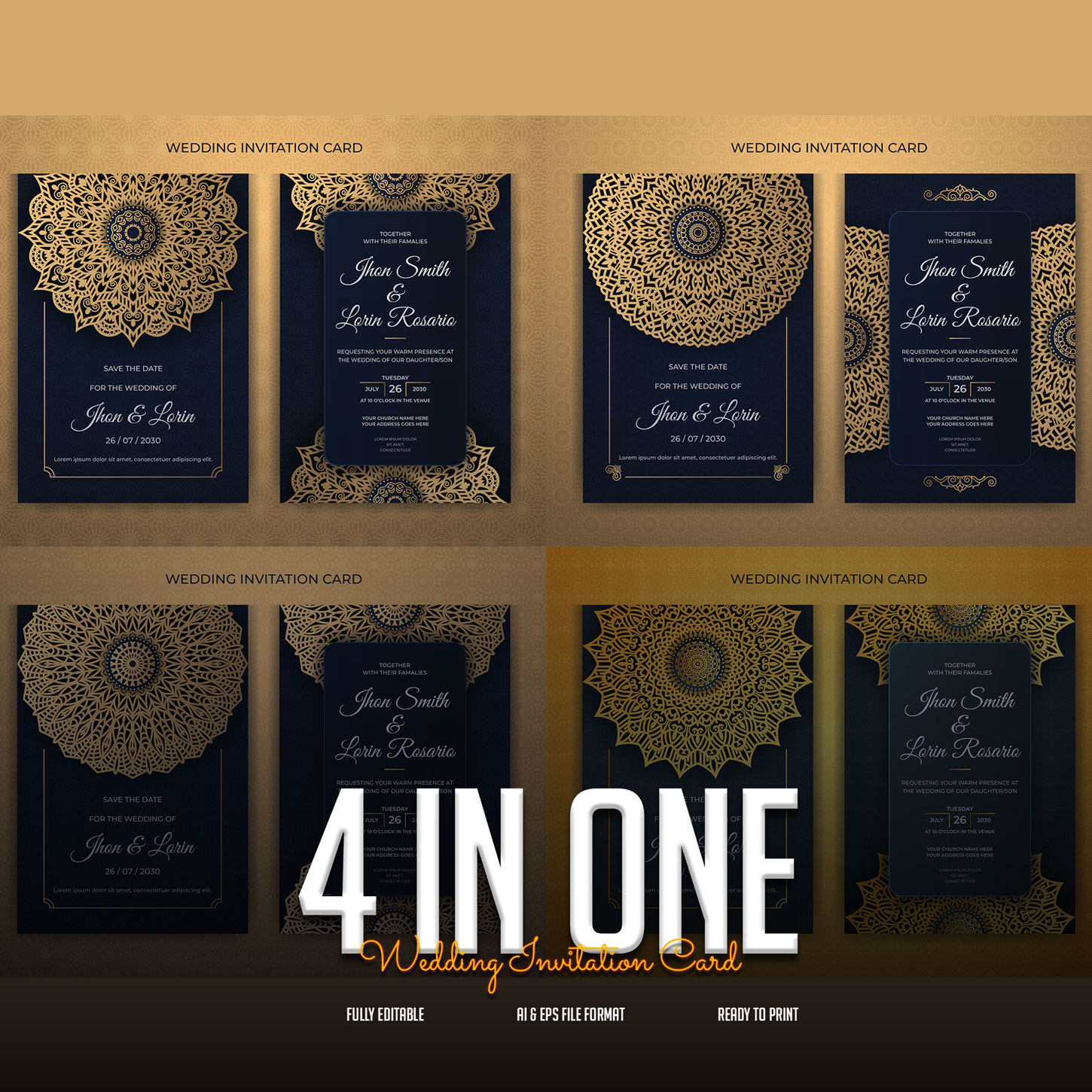 4 In One Luxury Wedding Invitation Card Design Only In $7 cover image.