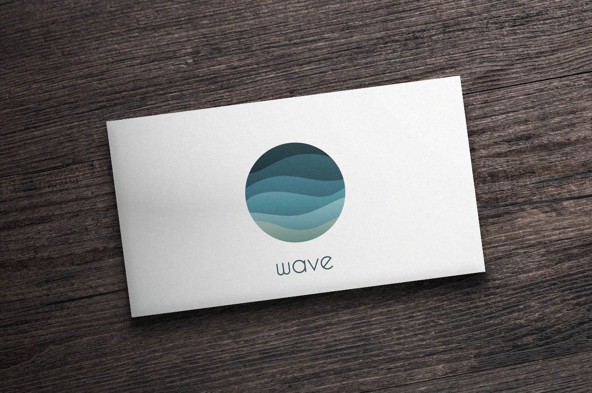 White card with wave logo.