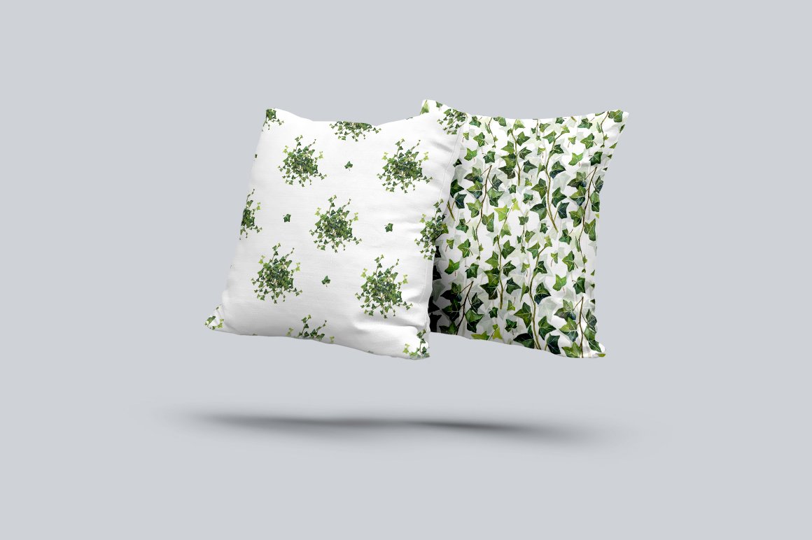 Two decorate pillows with green ivy leaves.