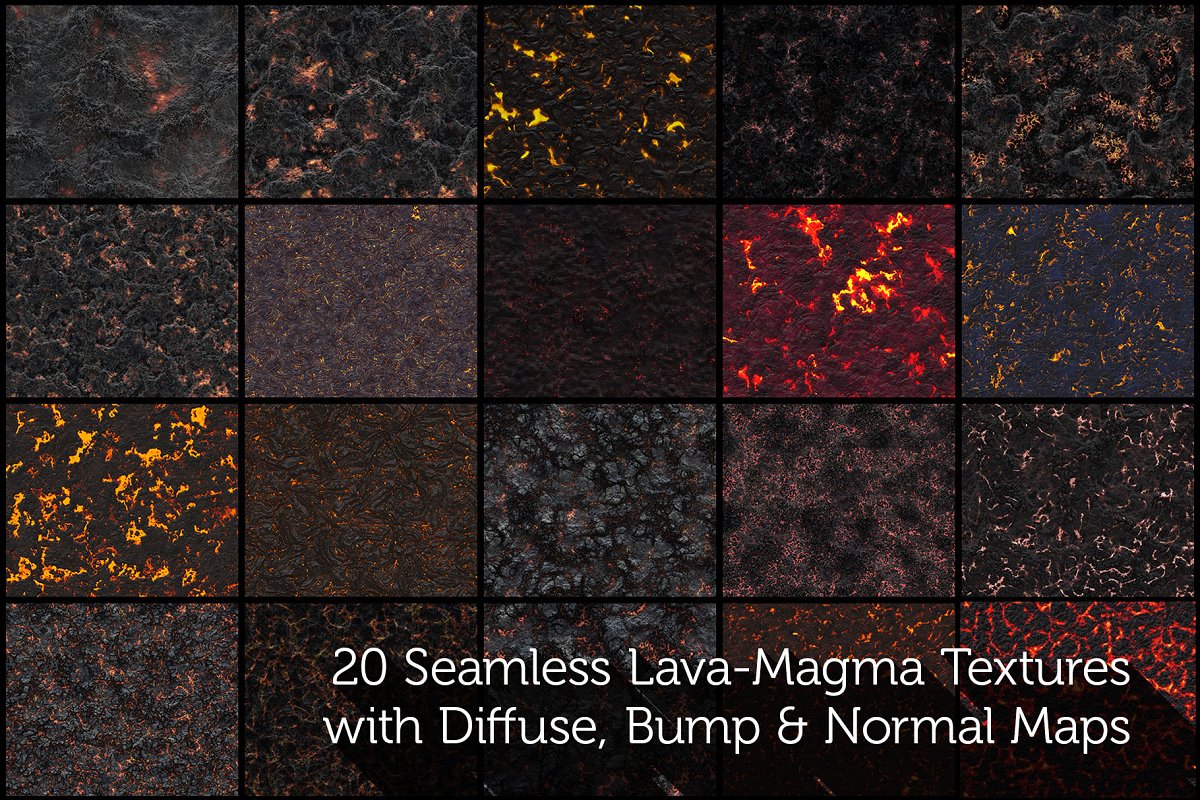 Lava-magma textures with diffuse, bump & normal maps.