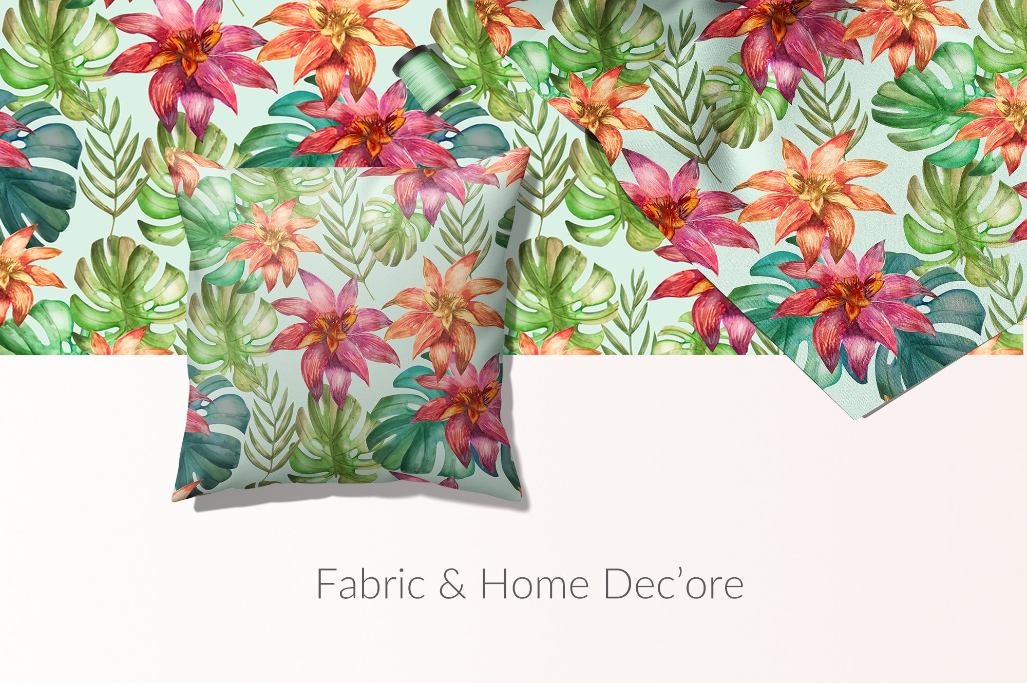 Small decorate pillow with tropical print.