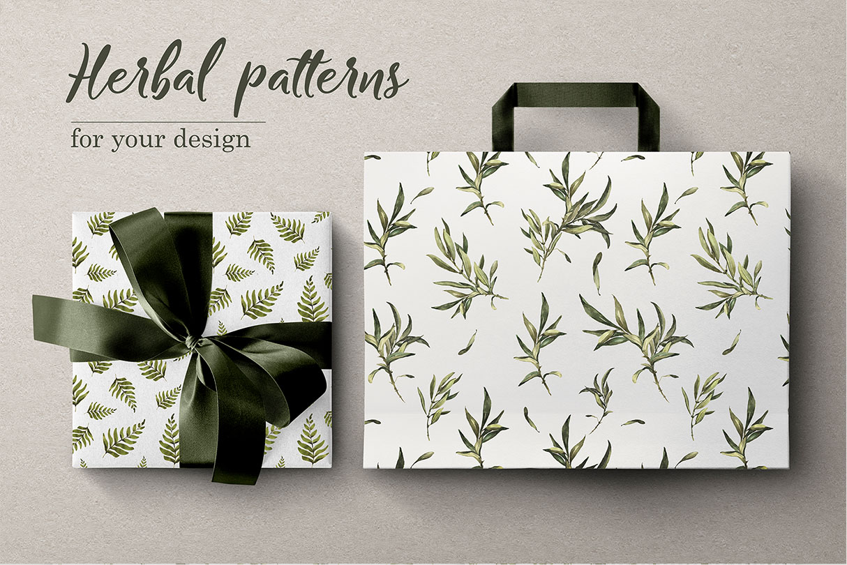 Watercolor Herbal Collection PNG patterns.