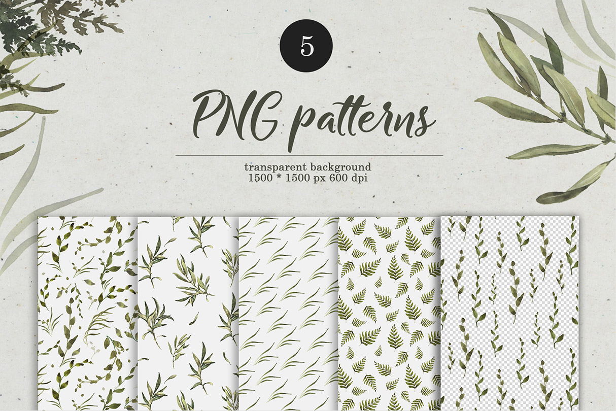 Watercolor Herbal Collection PNG seamless patterns.