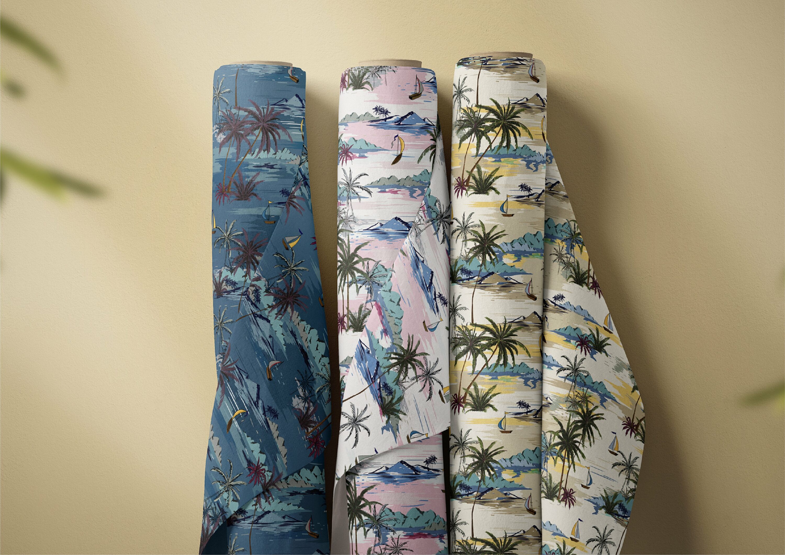 Three fabrics with the island illustrations.