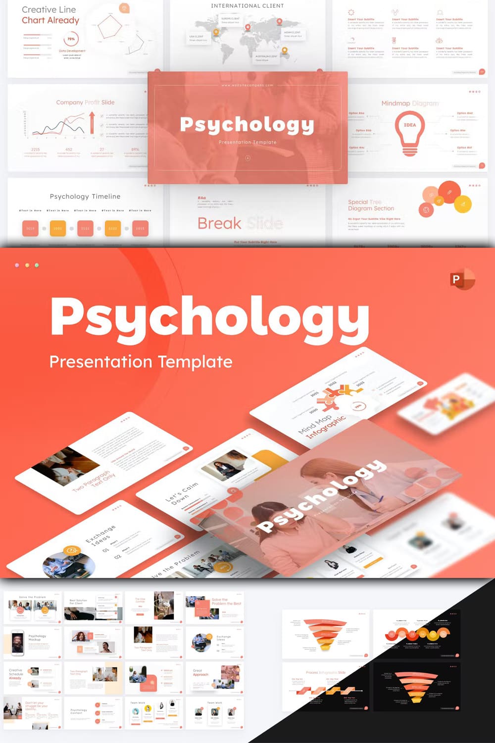 Collage of presentation pages with pink infographics and funnels.