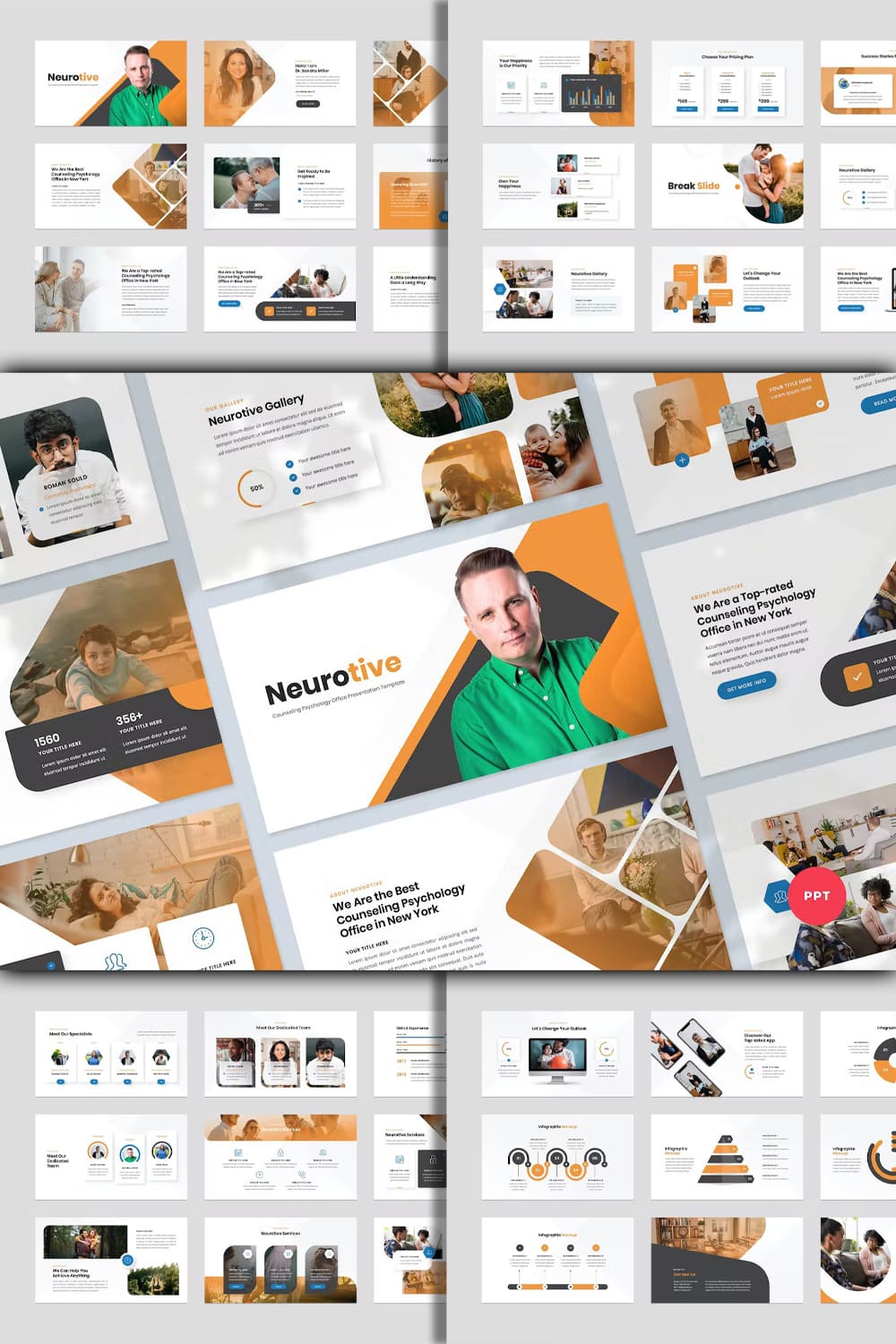Collage of presentation pages with large photos of people and gray-orange infographics.