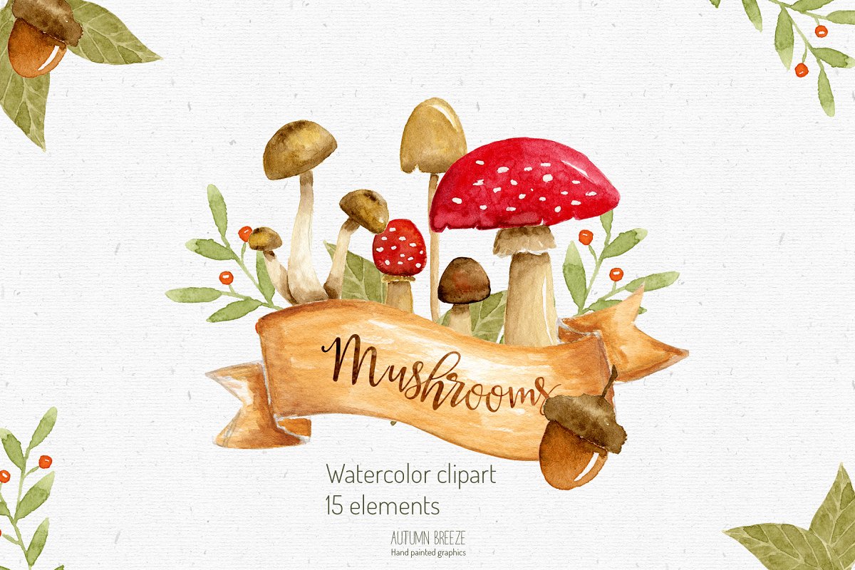 Cover image of Watercolor mushroom clipart.