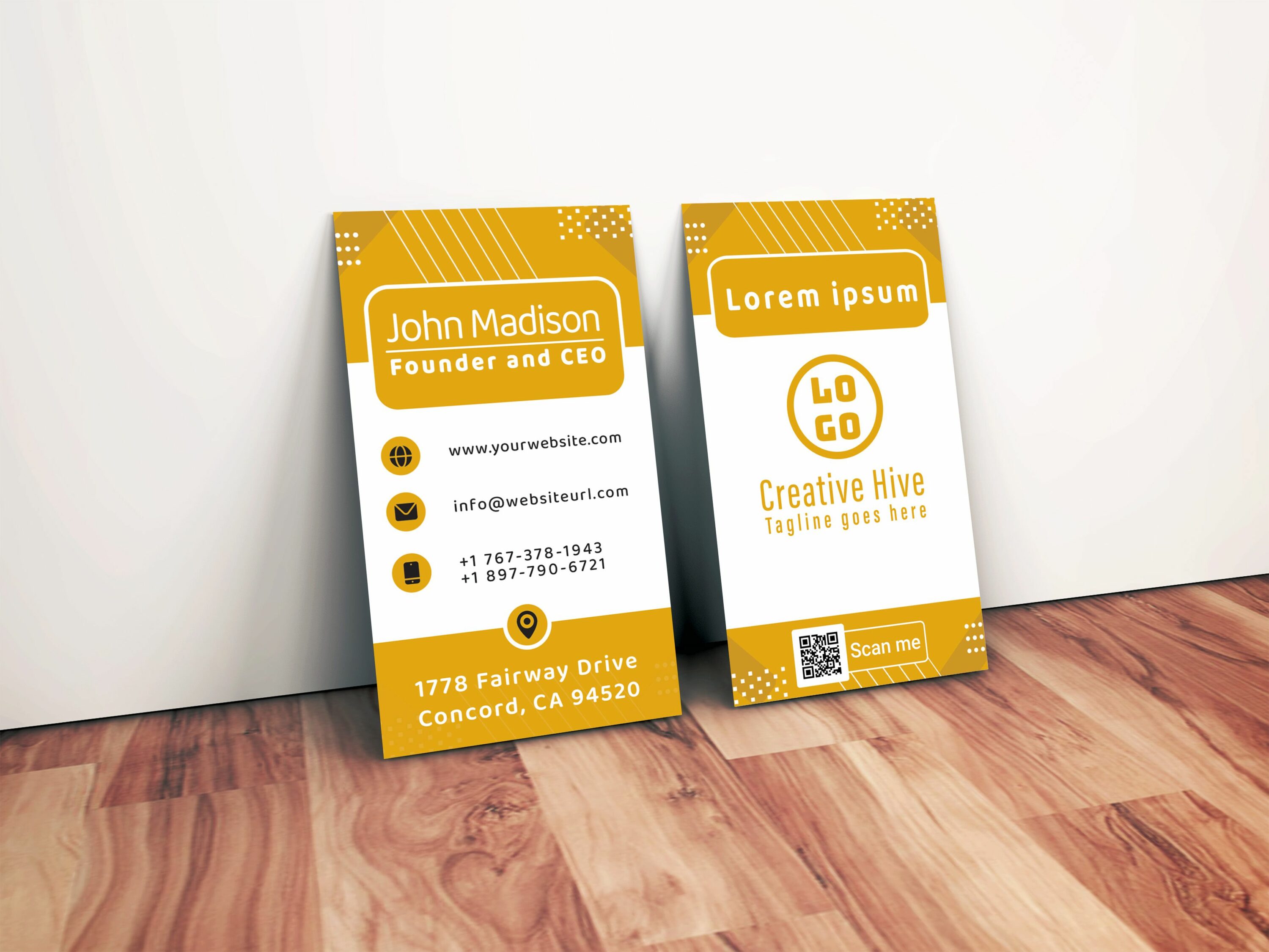 Minimal Business Card Template, realistic yellow business card mockup.