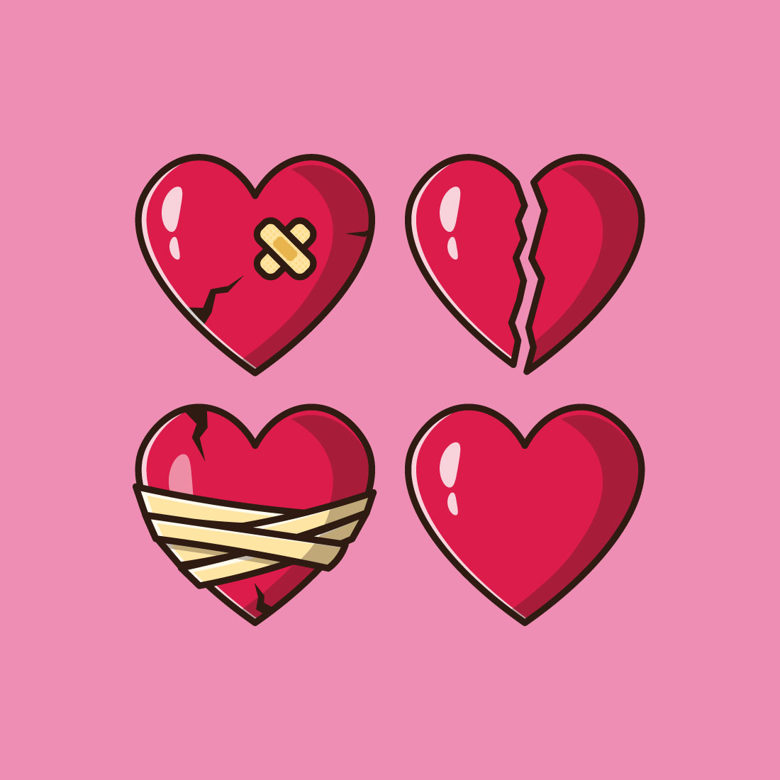 red hearts cartoon vector set flat design illustration 1