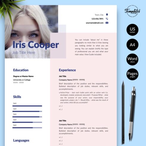 Blue and pink resume with a pen.
