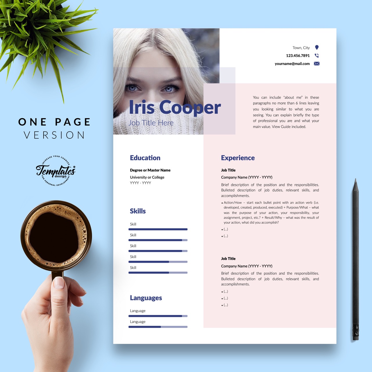 Person holding a cup of coffee next to a resume.