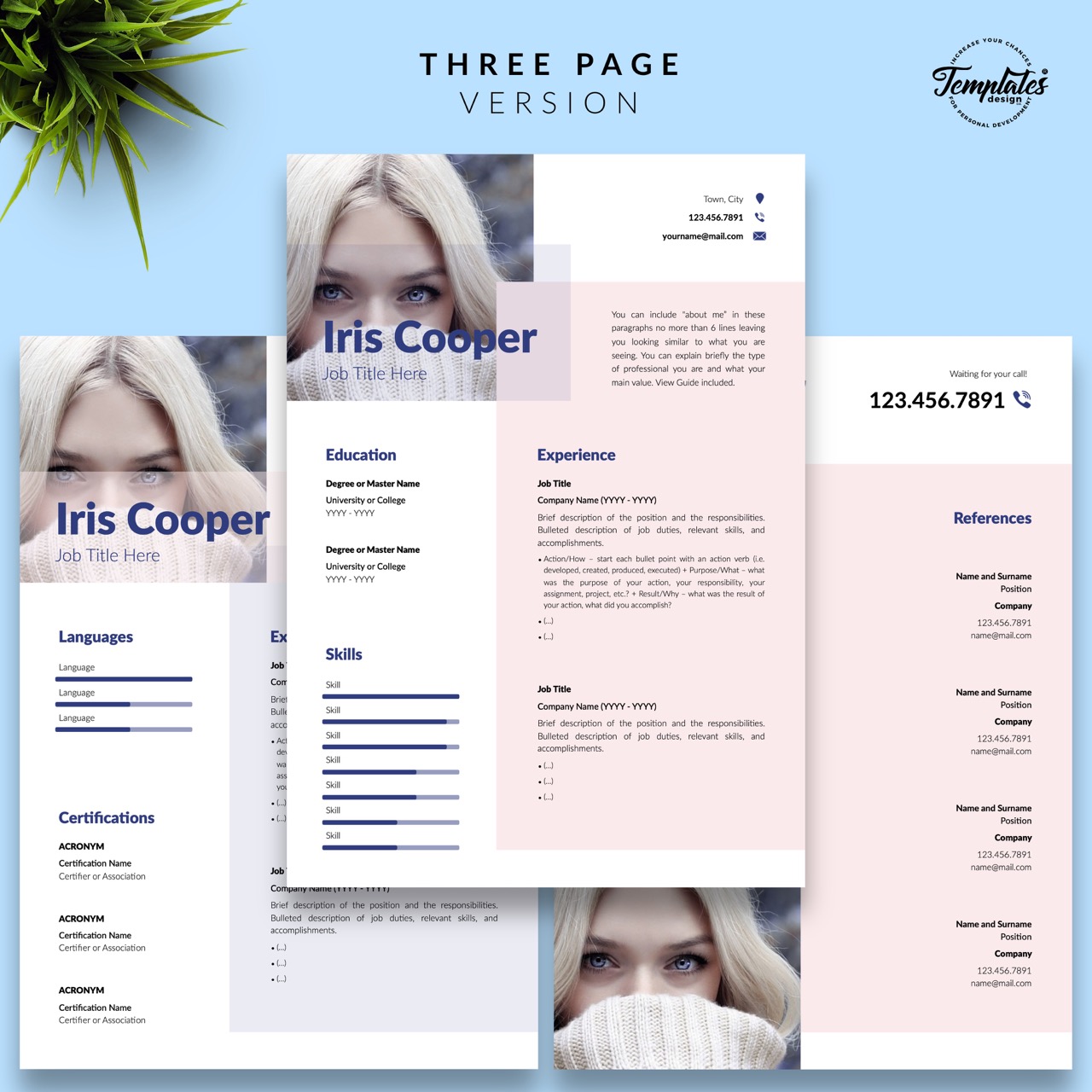 Three pages of a resume with a woman's face.