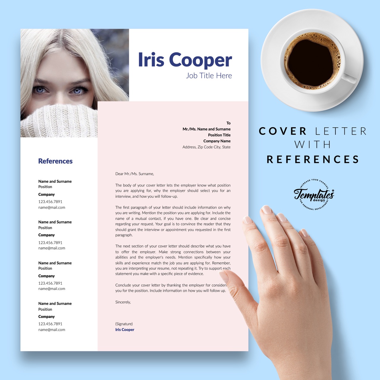Person's hand next to a coffee cup and a pink cover letter.