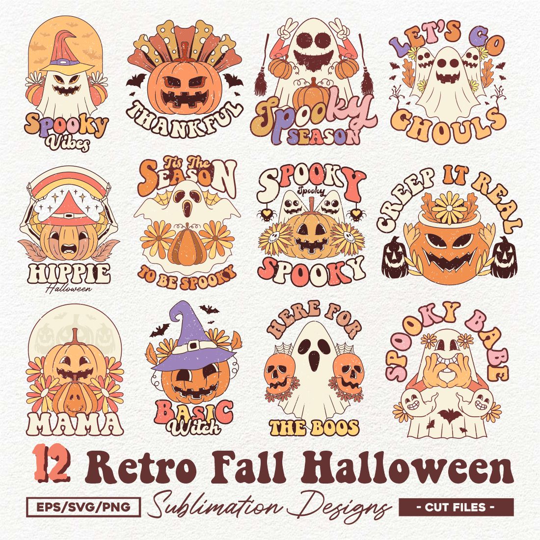 Retro Cute Fall Halloween Sublimation Designs Bundle cover image.