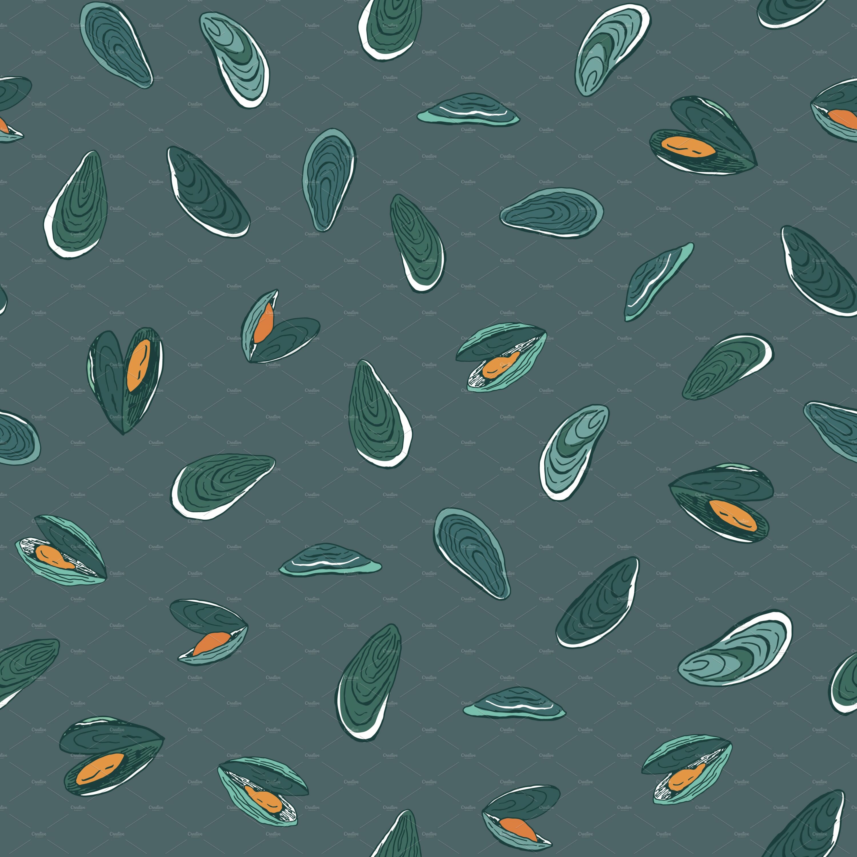 Dark green background with green mussels collection.