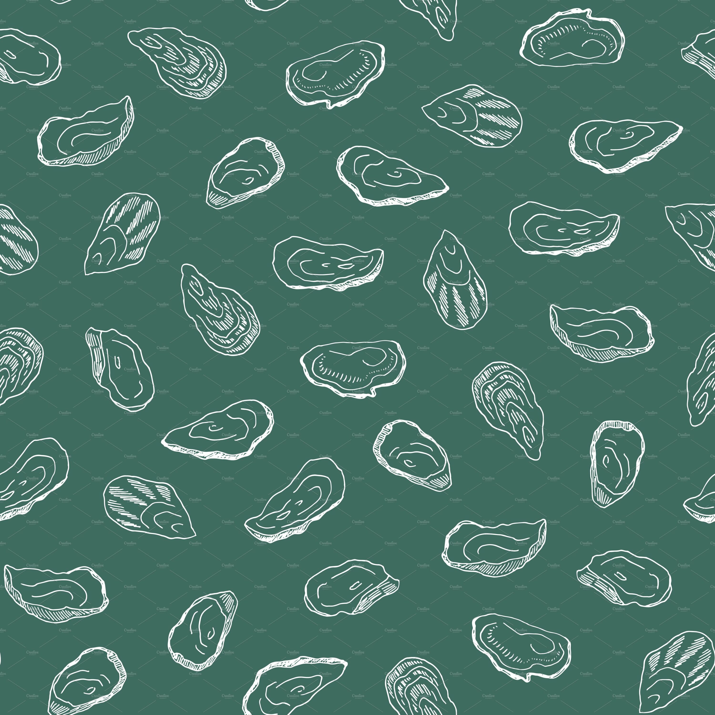 White outline mussels collection on a green background.