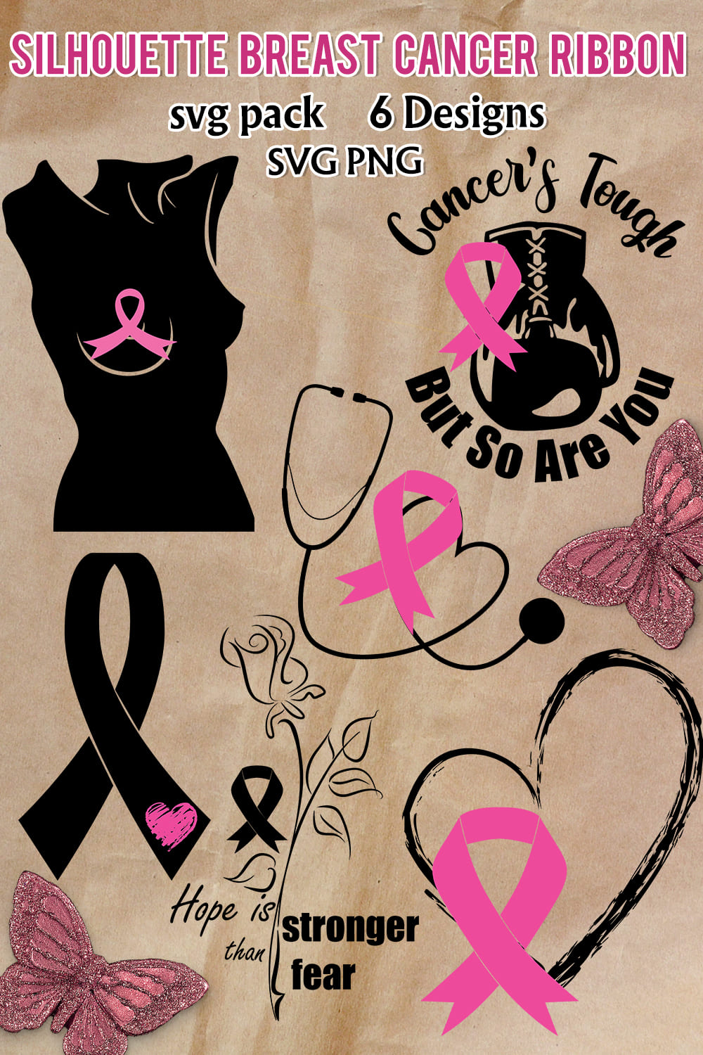 Various of silhouette breast cancer ribbons.