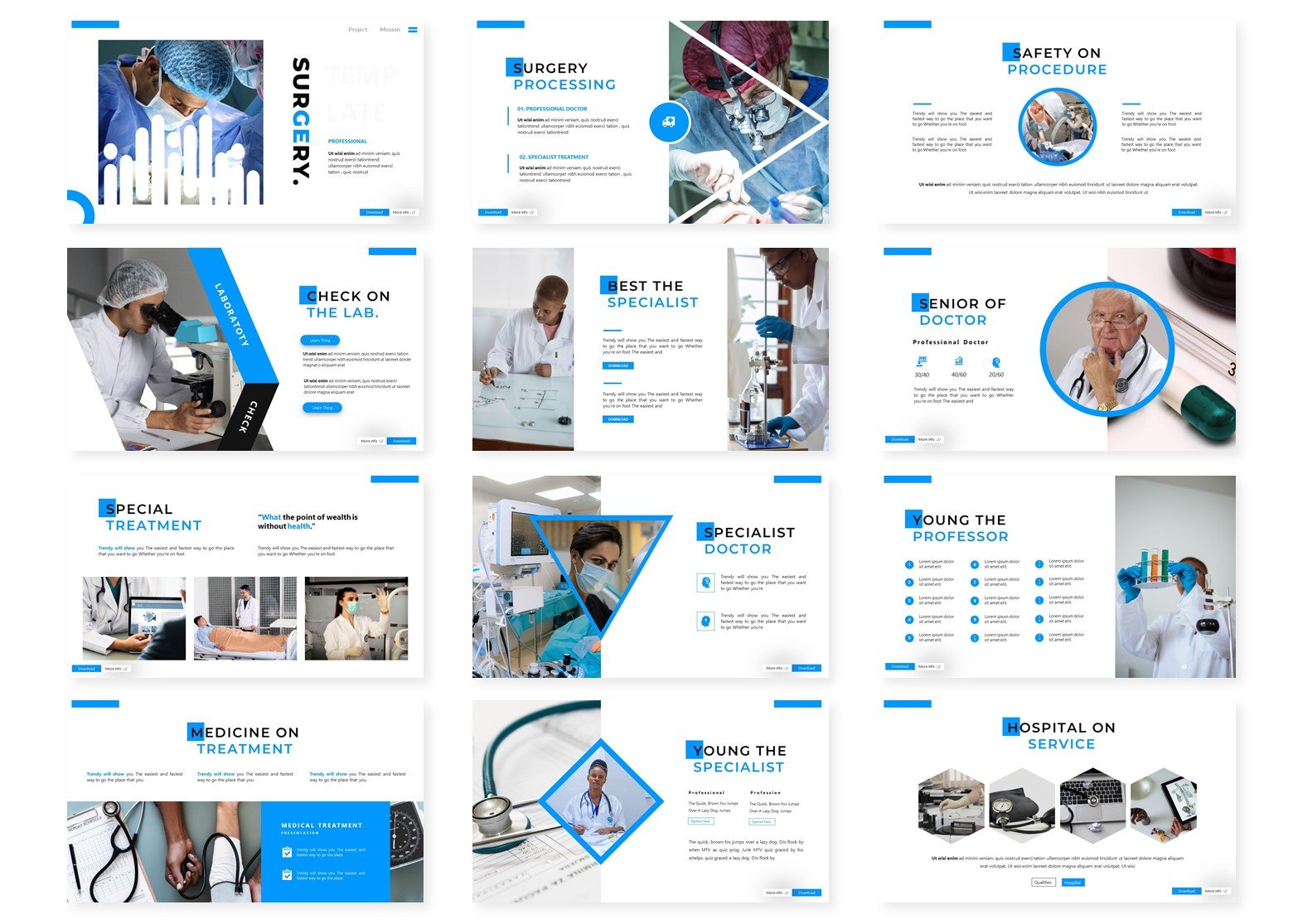 Blue and white template for medical industry.