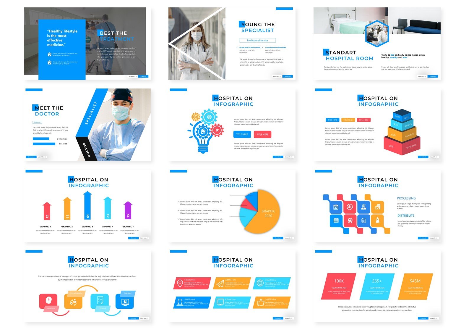 Colorful infographics with blue sections slides.