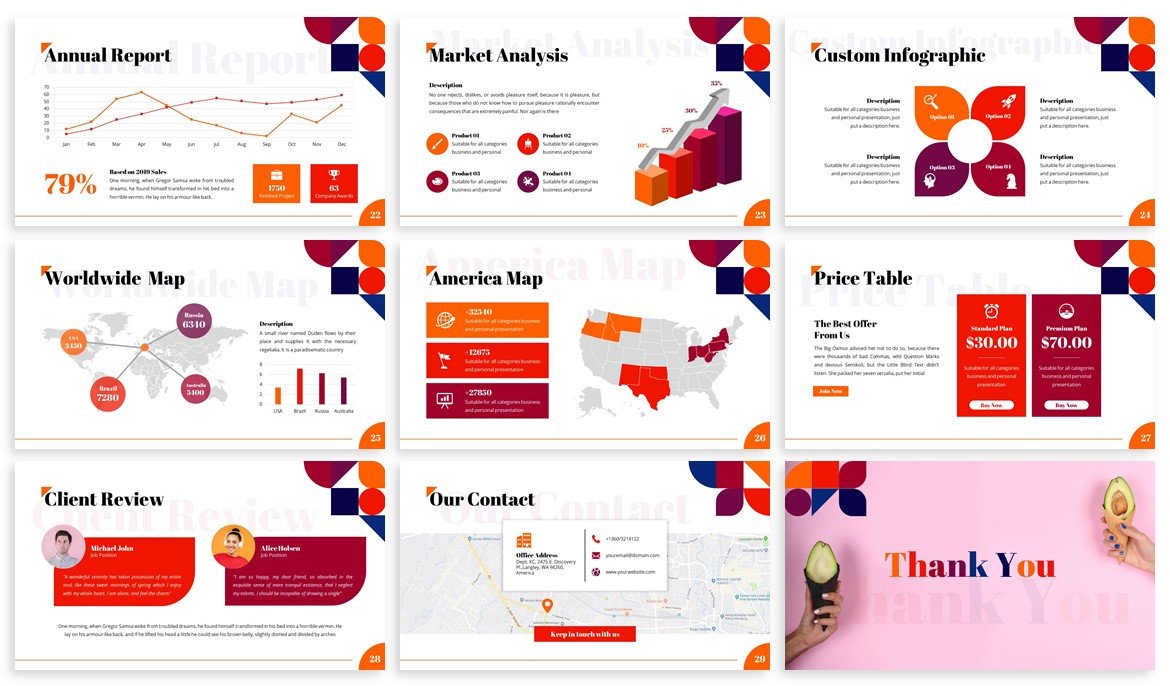 Bright maps, tables and infographics for your modern presentation.