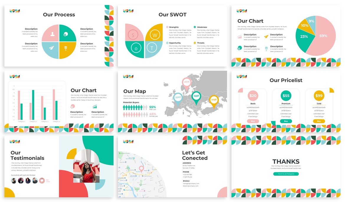 Bright infographics in different shapes.