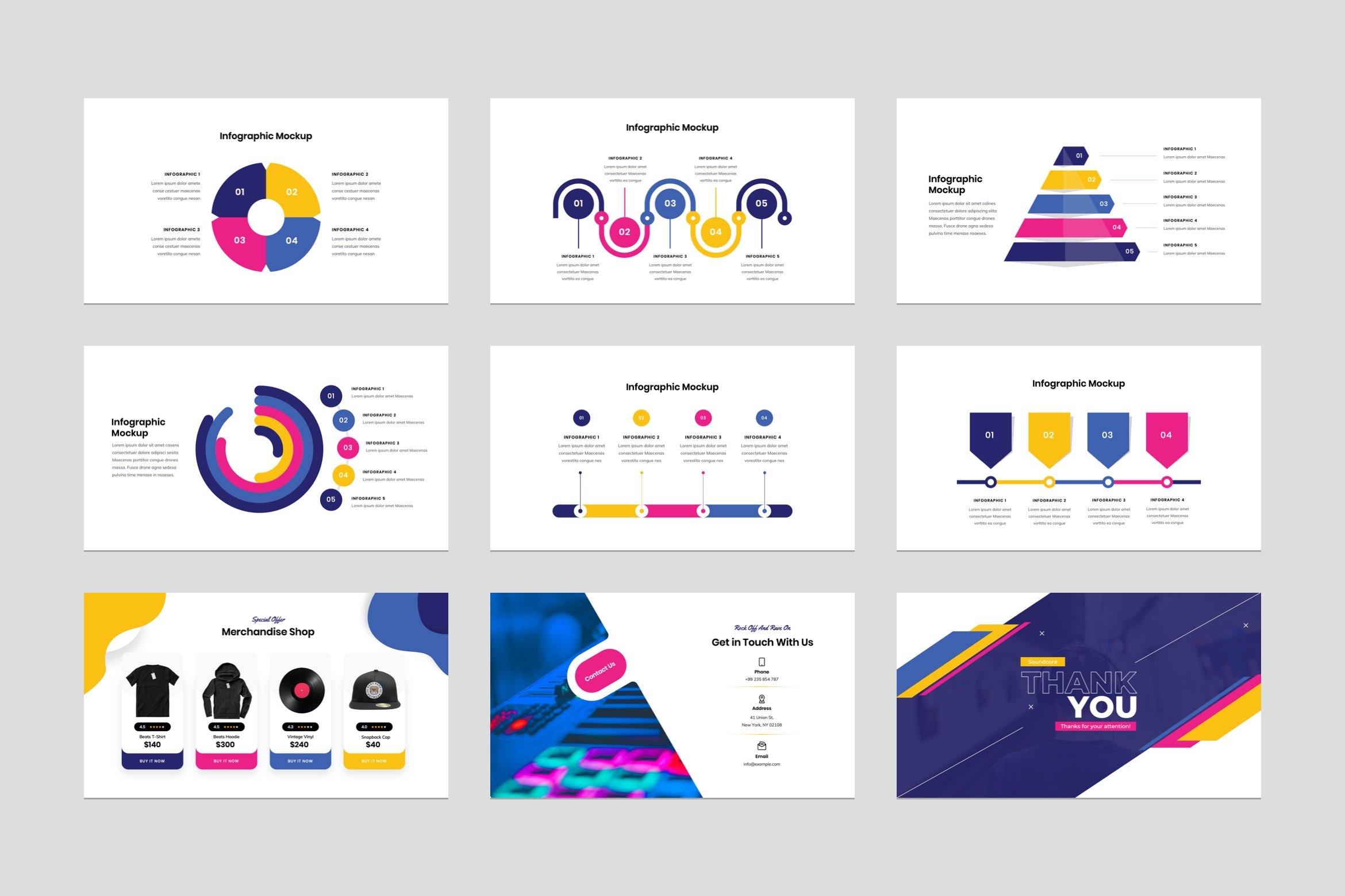 Music Band PowerPoint Template includes bright multicolor infographics and diagrams.