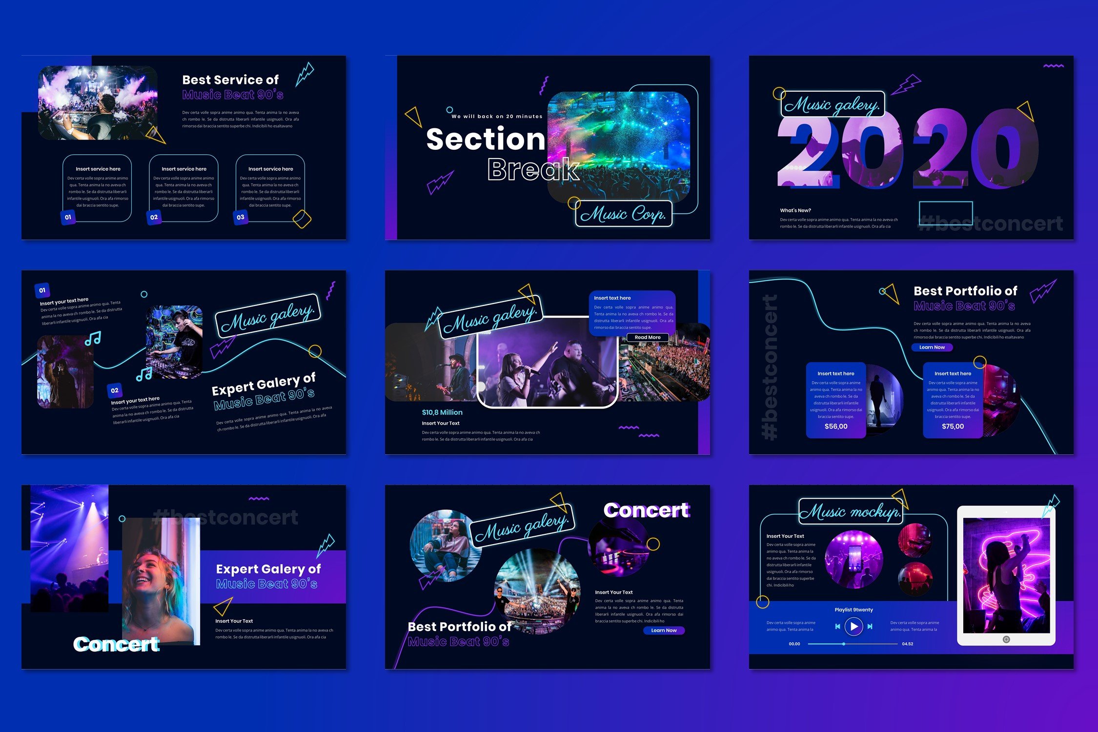 Dark slides with purple elements.
