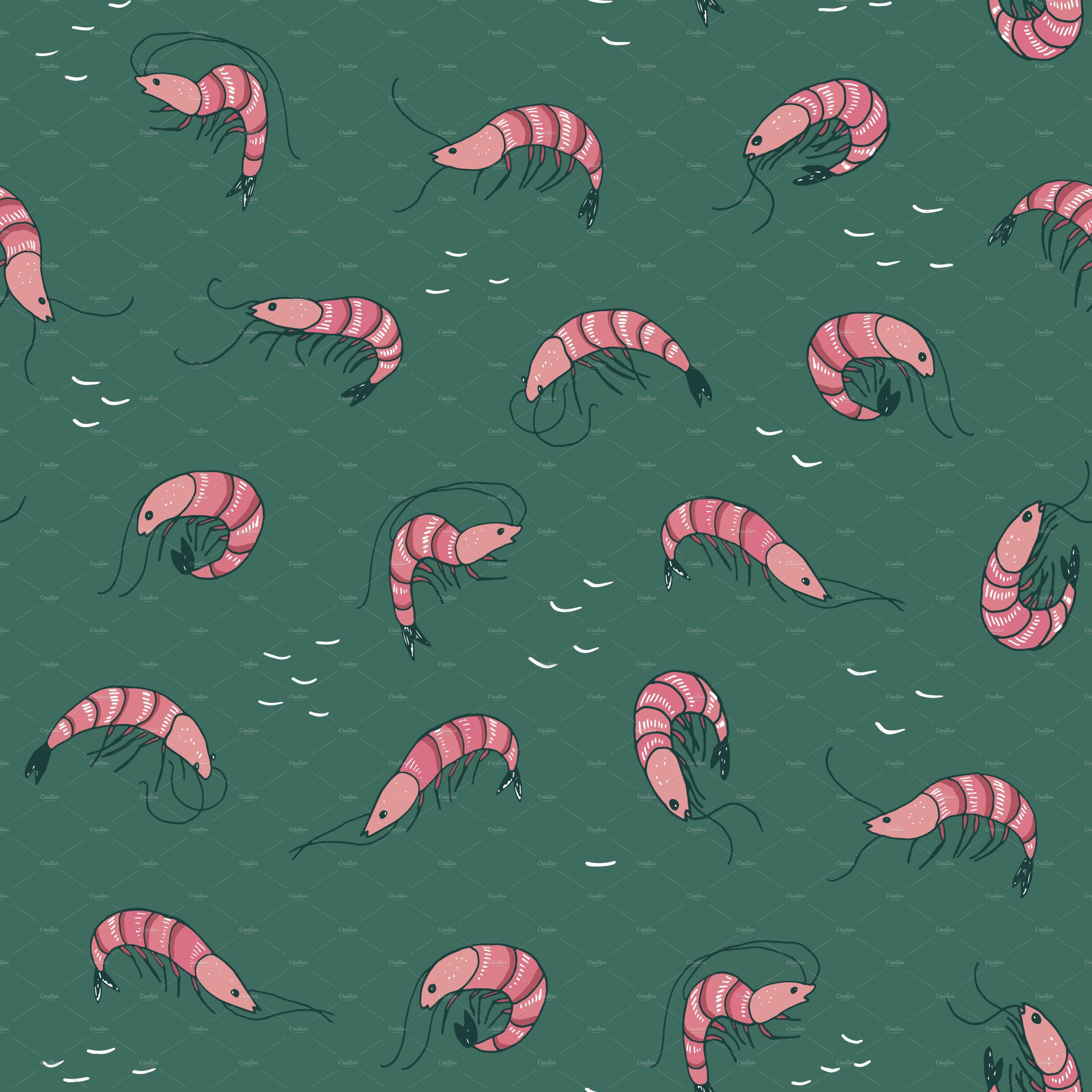 Green background with pink shrimps.