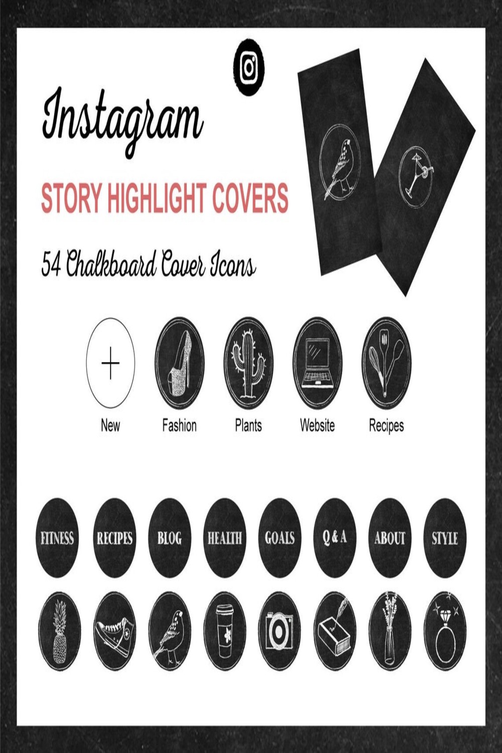Instagram Story Highlight Covers (54 ChalkBoard Cover Icons) pinterest image.