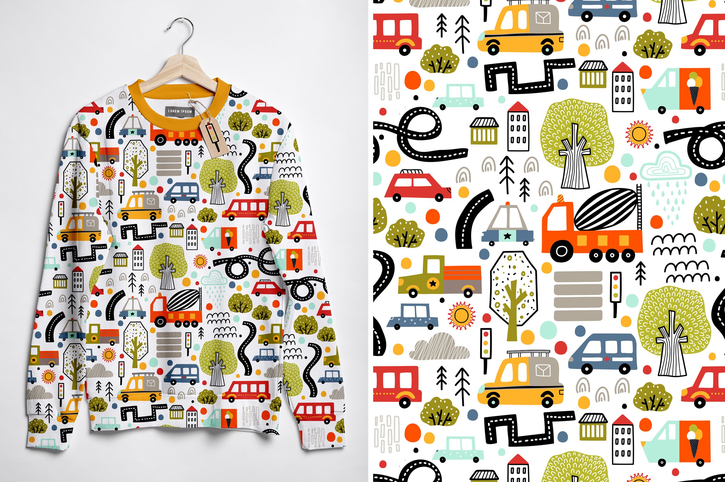 Creative cars graphics for fabrics.