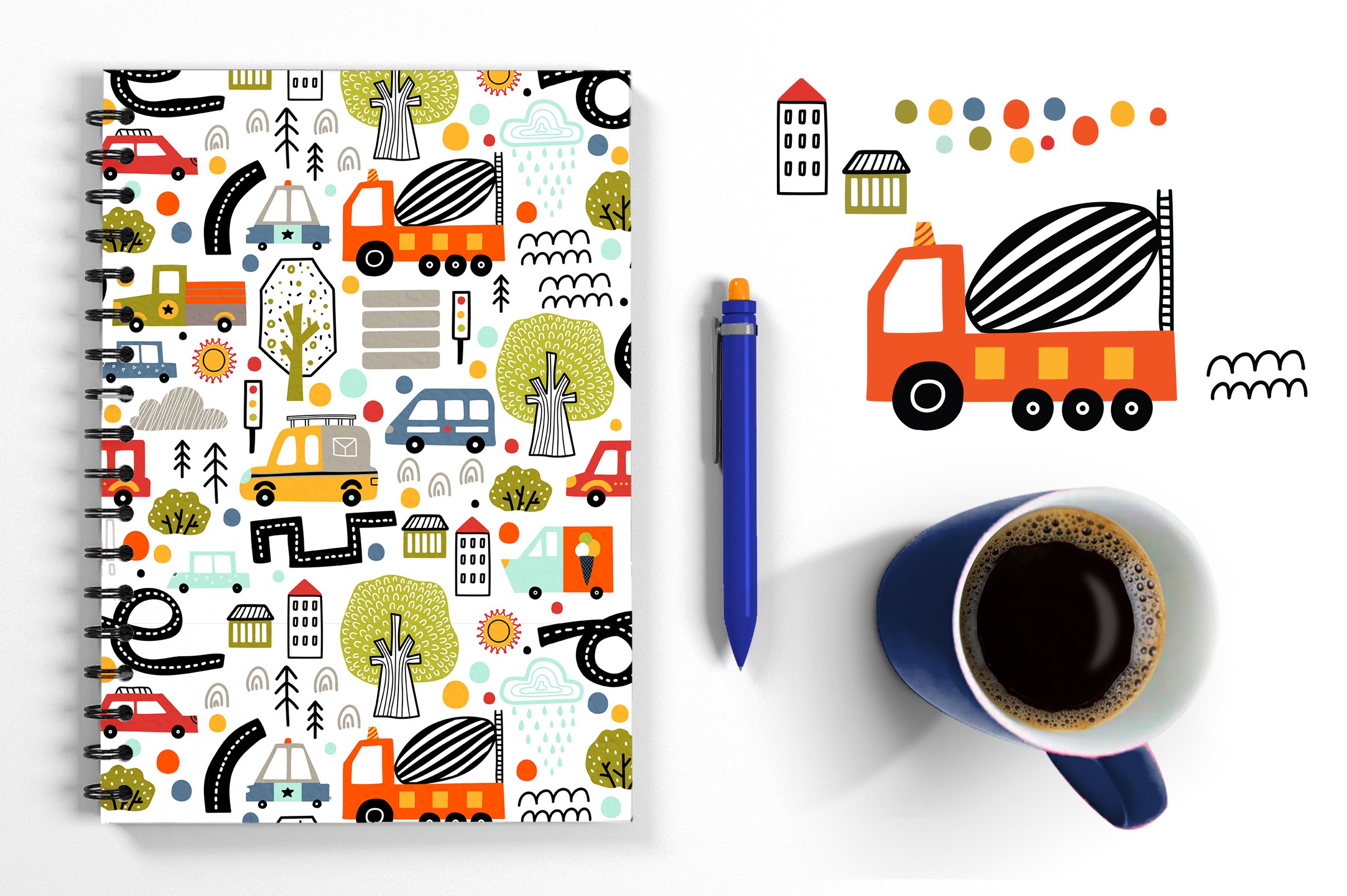 Stylish notebook with cars illustrations.