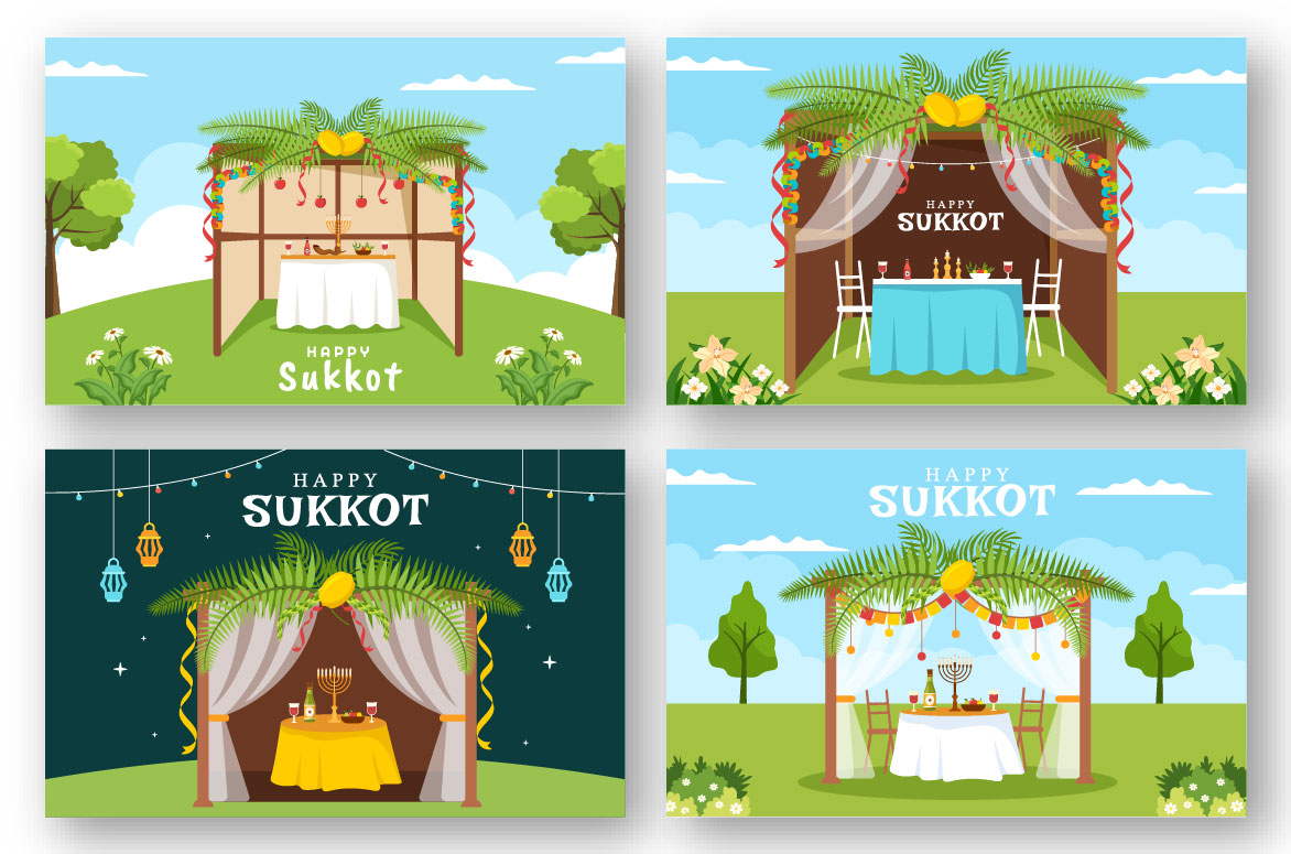13 Jewish Holiday Sukkot Illustration Four Examples.