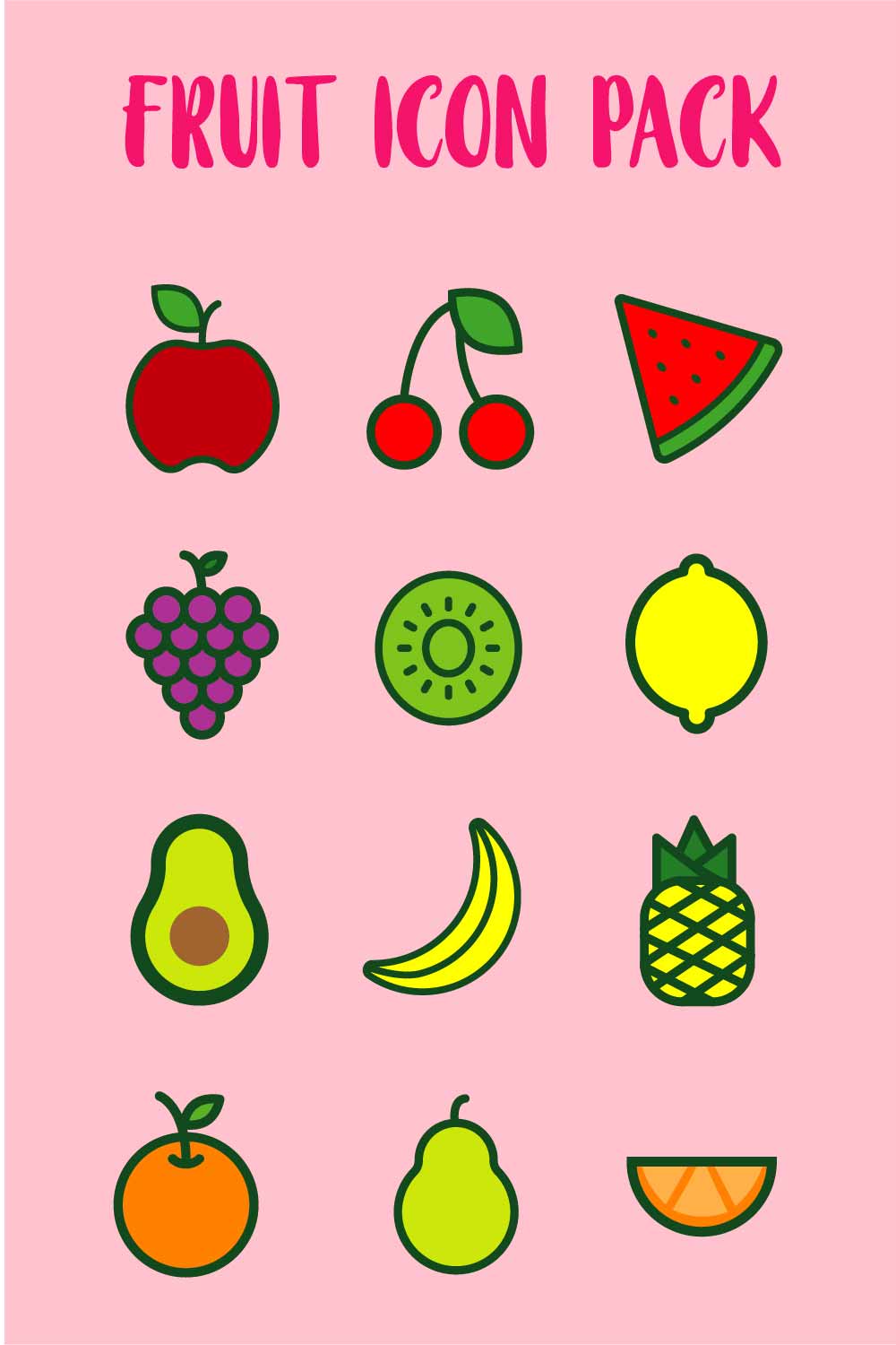Collection of Vector Fruit Icons OF COLORS pinterest image.