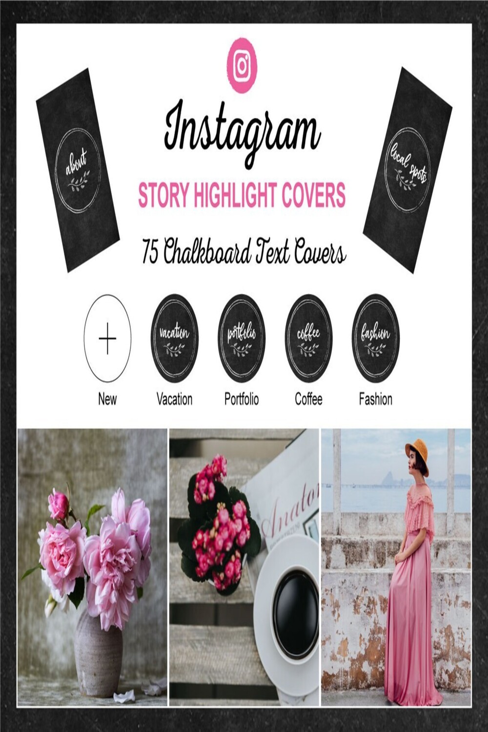 75 Instagram Story Highlight ChalkBoard Text Covers pinterest image.