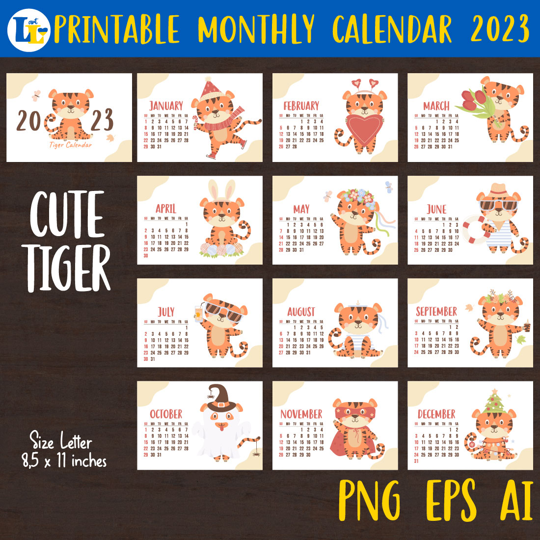 Printable Monthly Calendar 2023. Cute Tiger Format Letter cover image.