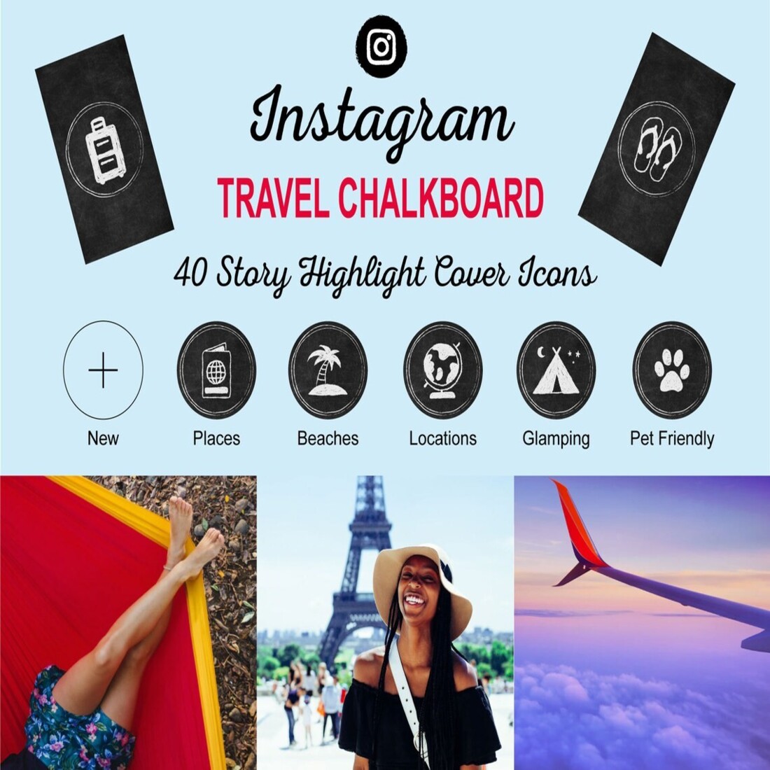 Instagram Travel Chalkboard (40 Story Highlight Covers Icons) cover image.