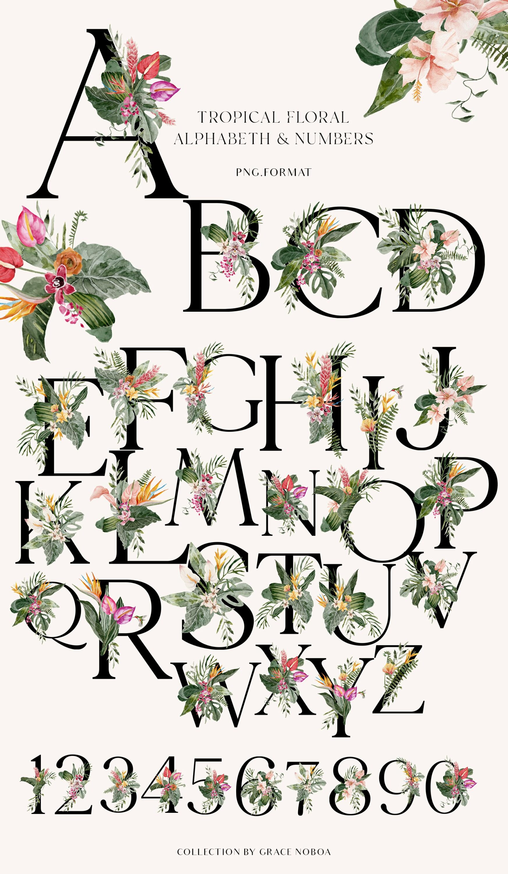 Flowers tropical alphabet.
