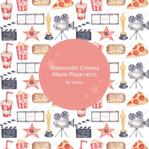 Watercolor Cinema Movie Pizza retro.