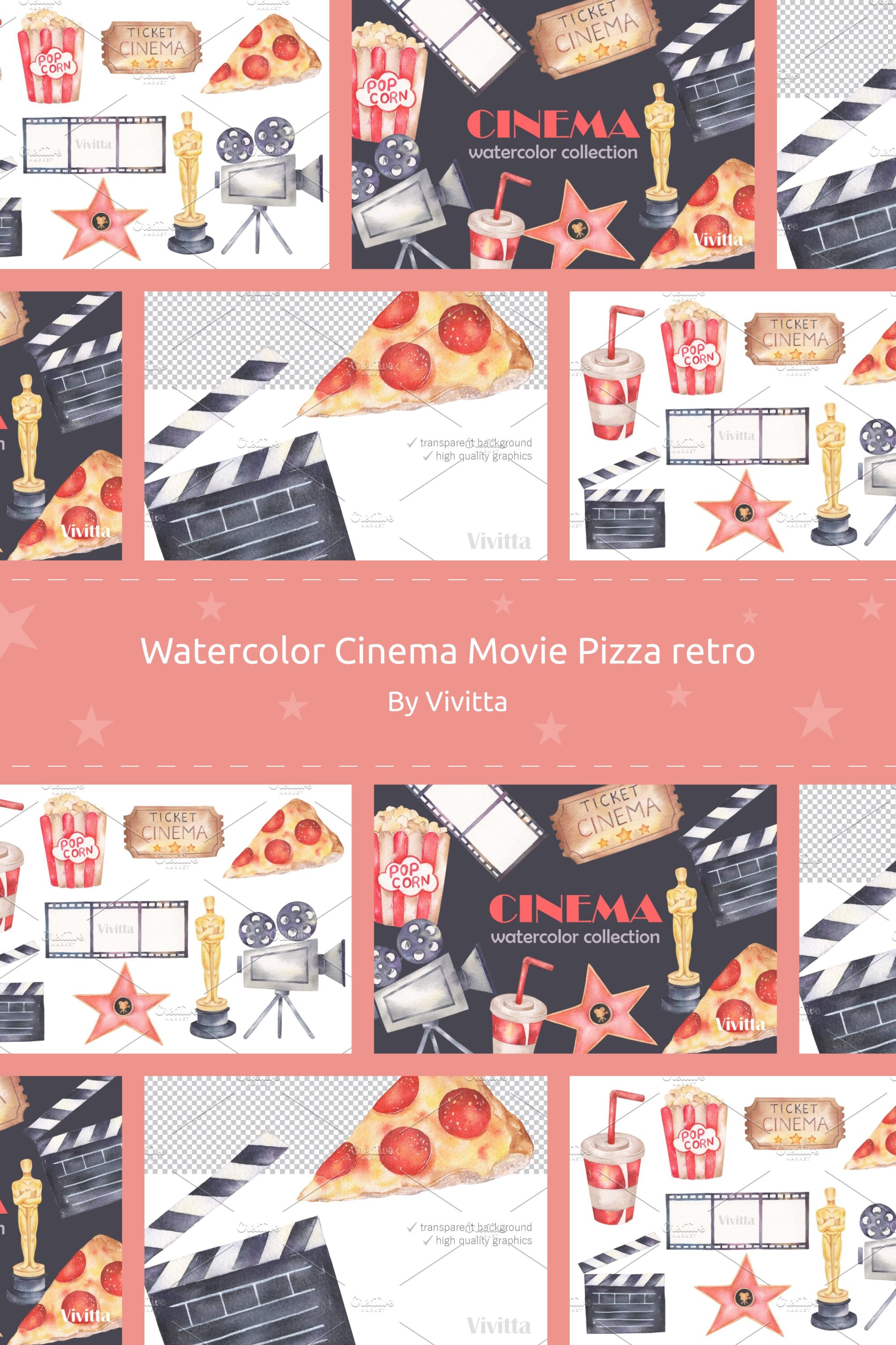 watercolor cinema movie pizza retro 03