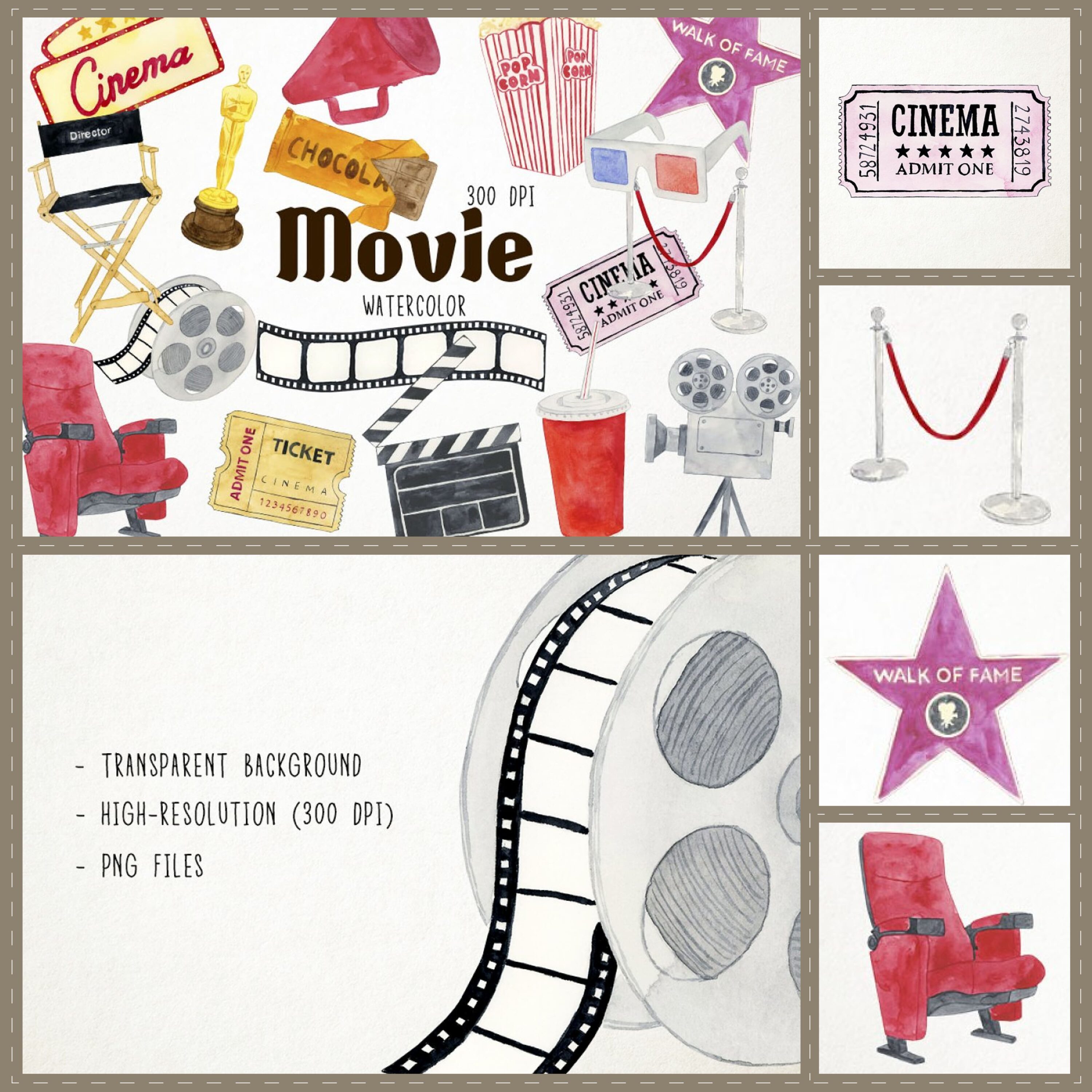 Watercolor Movie Clipart cover.