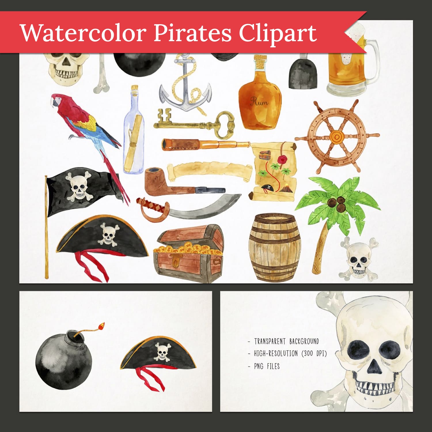 Watercolor Pirates Clipart.