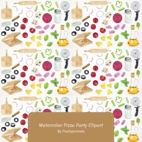 Watercolor Pizza Party Clipart.