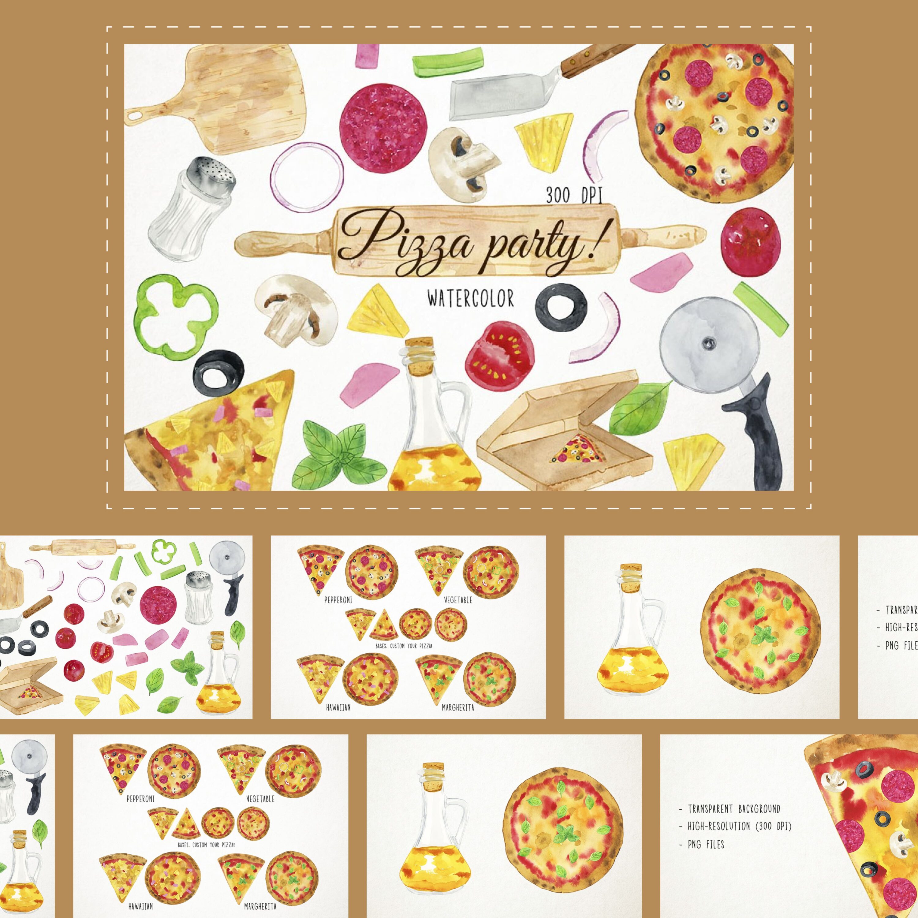 Watercolor Pizza Party Clipart cover.