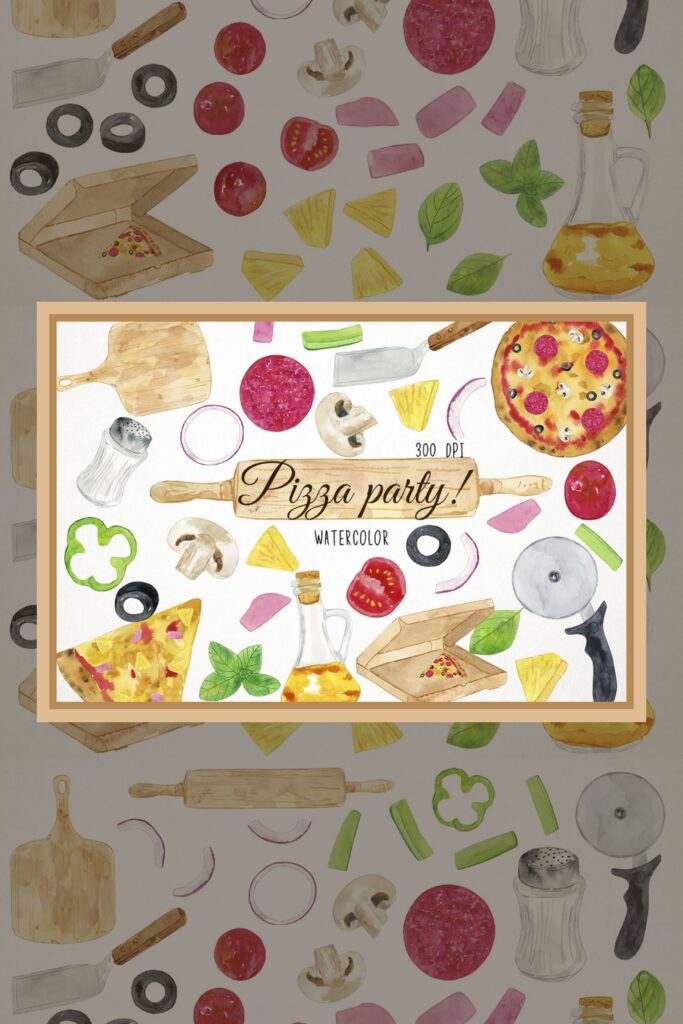 Watercolor Pizza Party Clipart – MasterBundles