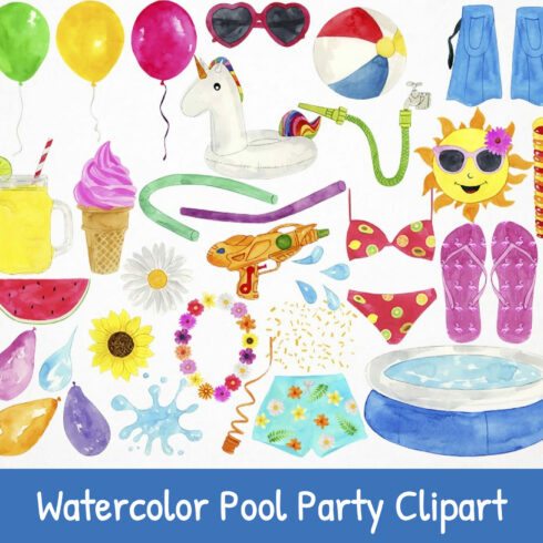 Watercolor Pool Party Clipart.