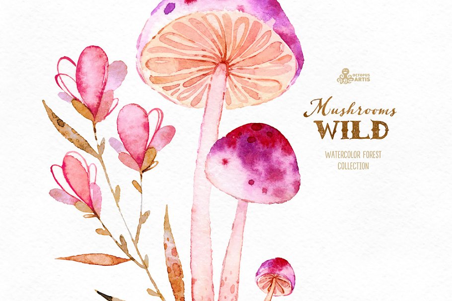 Cute pink watercolor mushrooms.