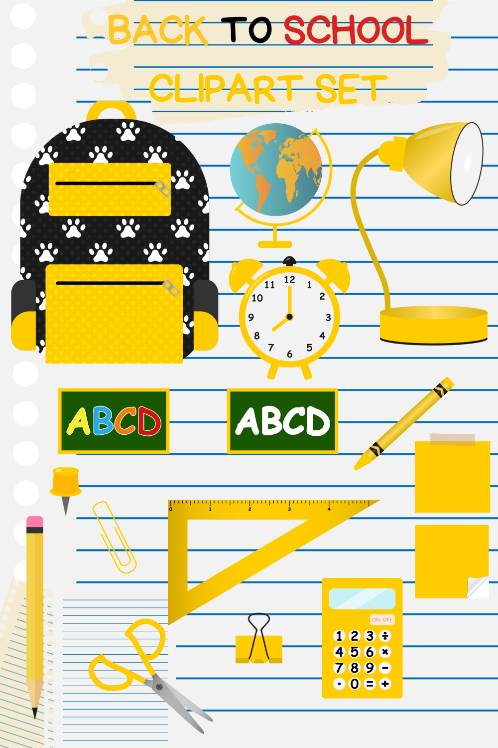 Yellow Back To School Clipart Set pinterest image.
