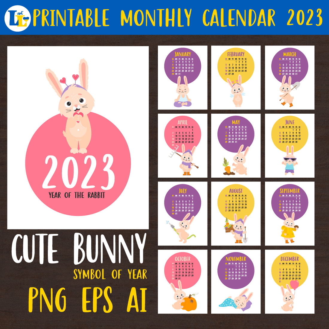 Printable Calendar 2023 with Cute Bunny cover image.